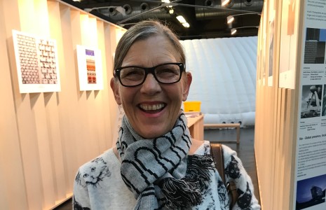 Ulrike Stotmeister sporting a scarf gift from last year's collaboration Architect, Sam Jacob with the internationally standardised motive of 